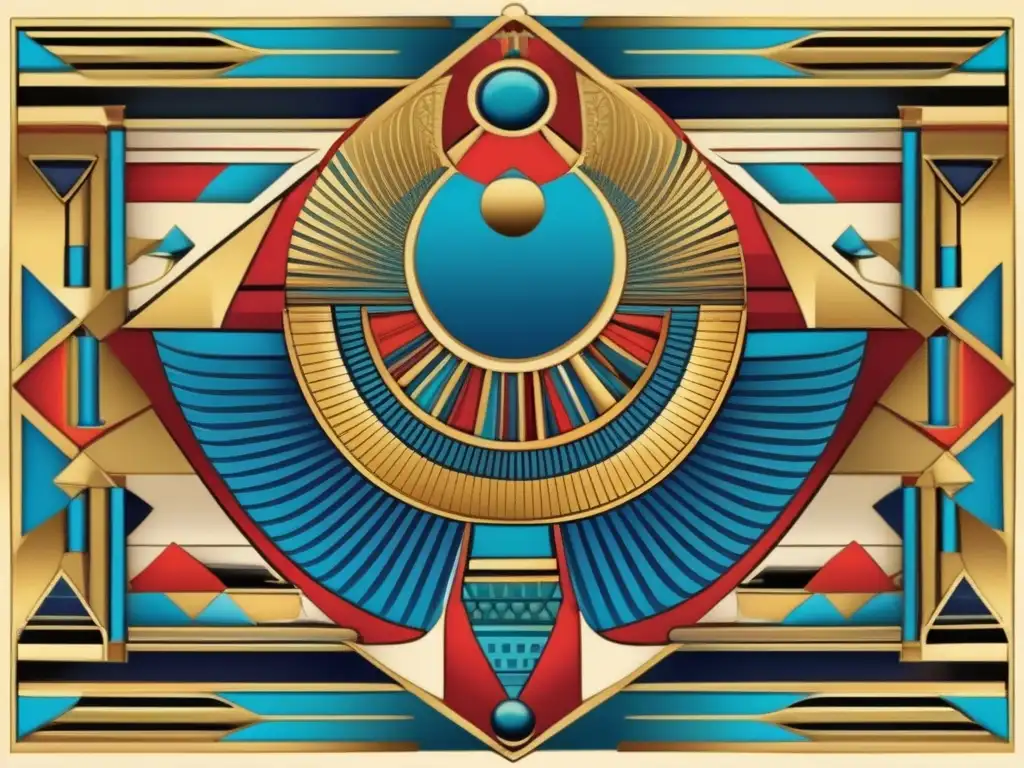 Motivos artísticos egipcios: geometría abstracción en una ilustración vintage detallada y vibrante, con tonos dorados, azules y rojos