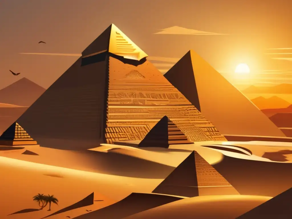 Motivos artísticos egipcios: geometría abstracción en una ilustración vintage de las pirámides y la Esfinge al atardecer