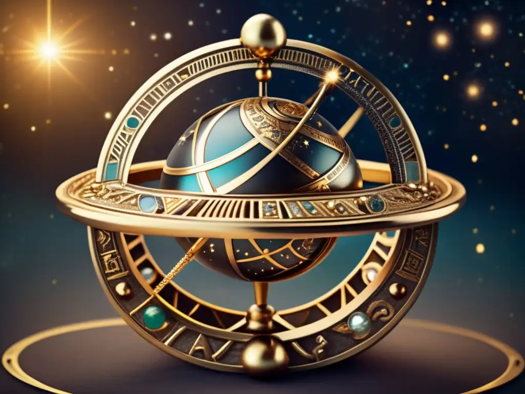 Interpretando el movimiento de los astros, una esfera armilar antigua de estilo vintage, con detalles en bronce y oro, suspendida en el aire