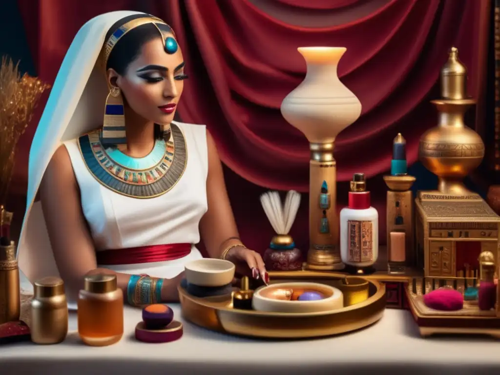 Una mujer egipcia antigua aplicando cosméticos en una mesa de tocador, rodeada de herramientas y productos