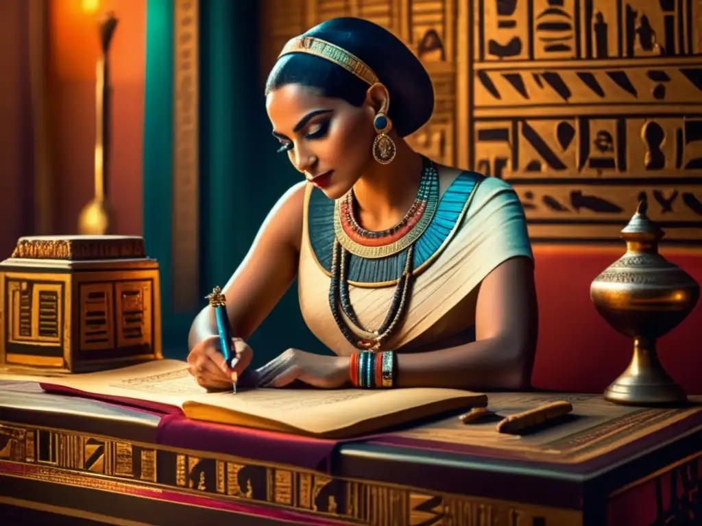 Mujer egipcia antigua, envuelta en sabiduría ancestral, escribe en papiro