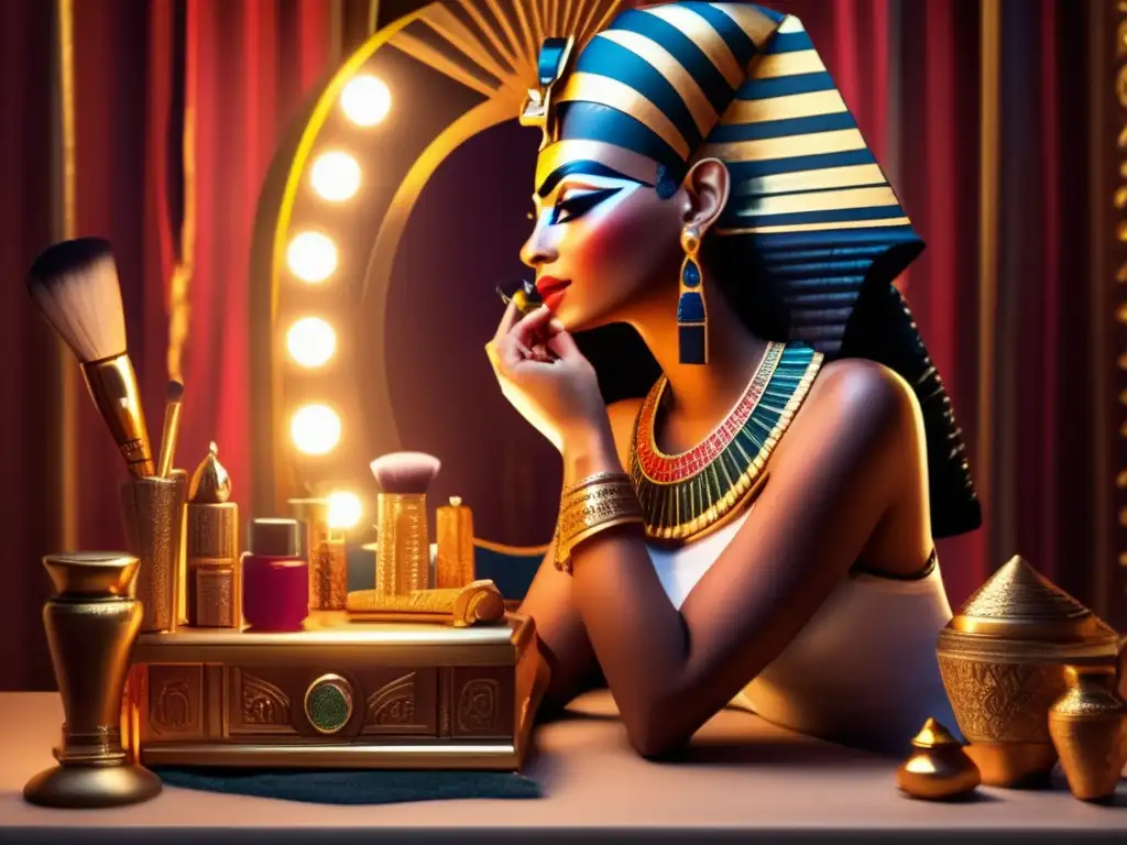 Mujer egipcia antigua aplicando maquillaje frente a un espejo decorativo en su tocador