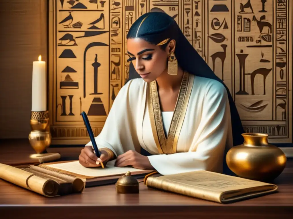 Una mujer egipcia antigua, rodeada de pergaminos y herramientas de escritura, inscribe jeroglíficos en papiro