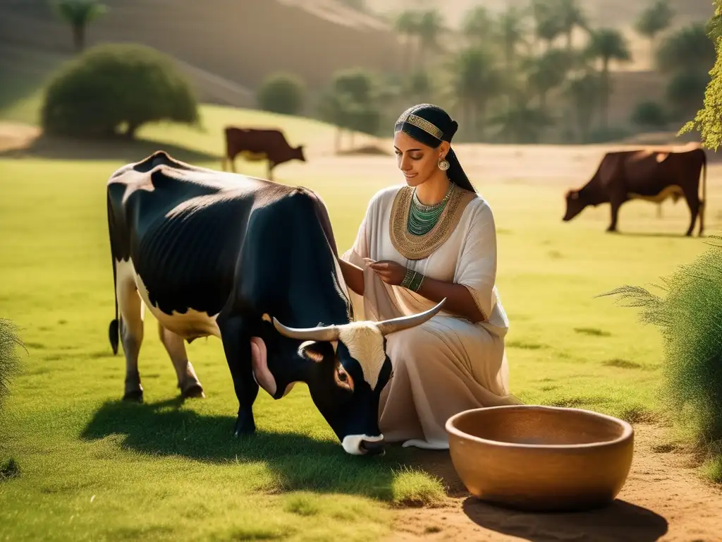 Una mujer egipcia antigua ordeña una vaca en un exuberante prado verde