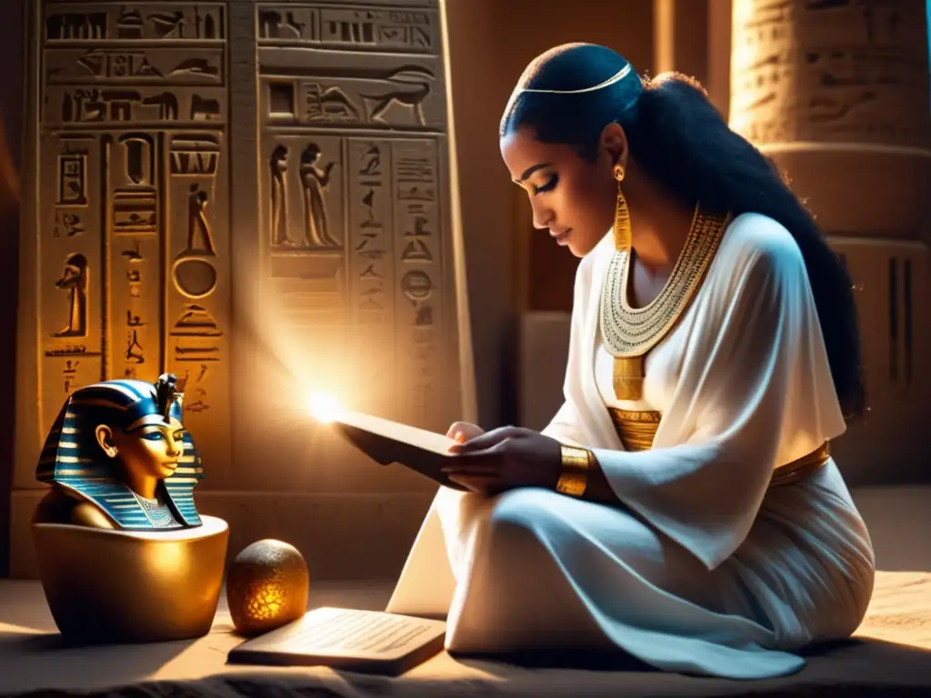Mujer egipcia escribiendo hieroglíficos en una habitación serena iluminada por rayos de sol, demostrando su maestría en la escritura egipcia