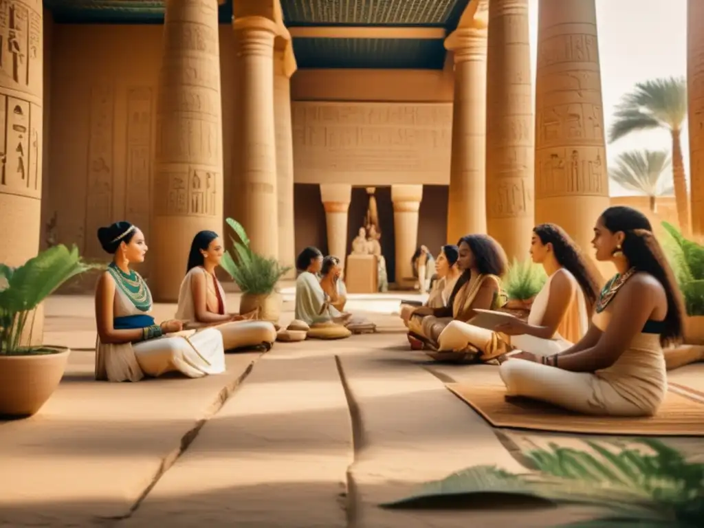Mujeres en el antiguo Egipto, rodeadas de conocimiento en un tranquilo patio