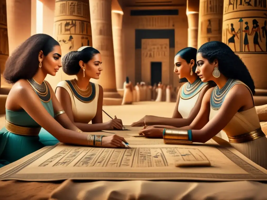 Mujeres egipcias escriben en papiros antiguos, demostrando su importancia en la escritura egipcia