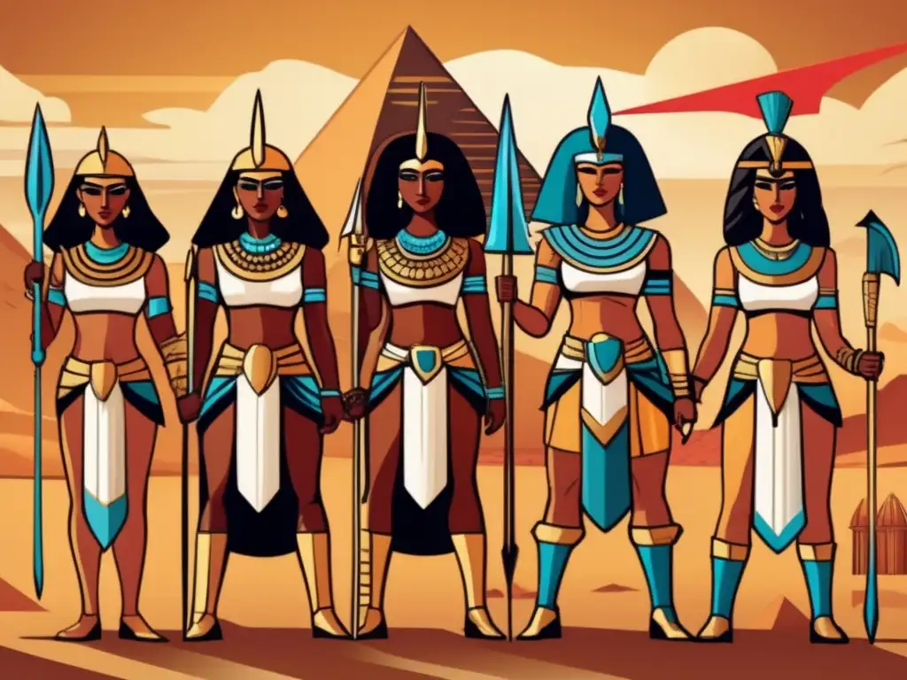 Mujeres guerreras del Antiguo Egipto, orgullosas y valientes, lucen armaduras ornamentadas y portan armas