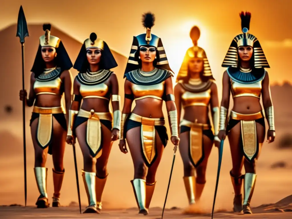 Mujeres guerreras del Antiguo Egipto, poderosas y determinadas, vestidas con armadura dorada, en un vasto desierto al atardecer