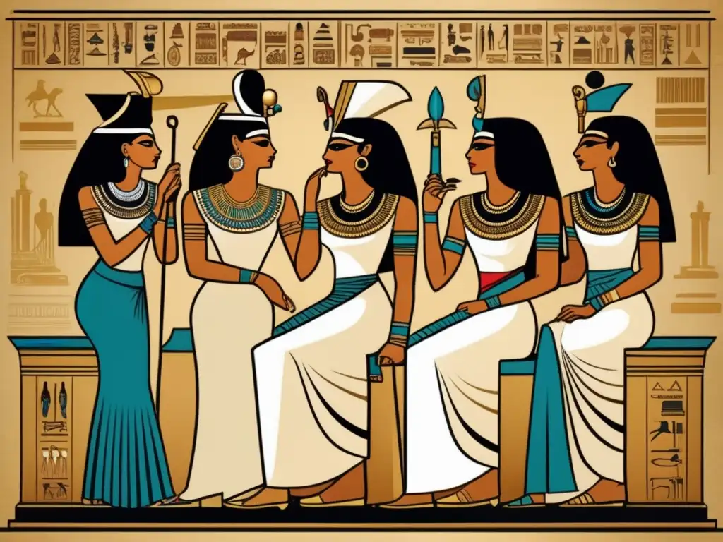 Mujeres poderosas en la administración de Egipto: expertas en papiros y jeroglíficos, visten elegantes prendas y joyas