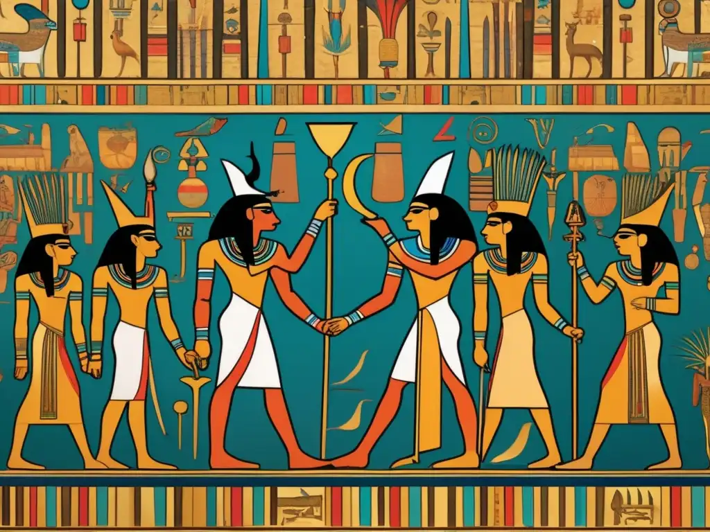 Mural egipcio antiguo con proporciones antinaturales, una escena surrealista de un faraón rodeado de criaturas fantásticas y objetos flotantes