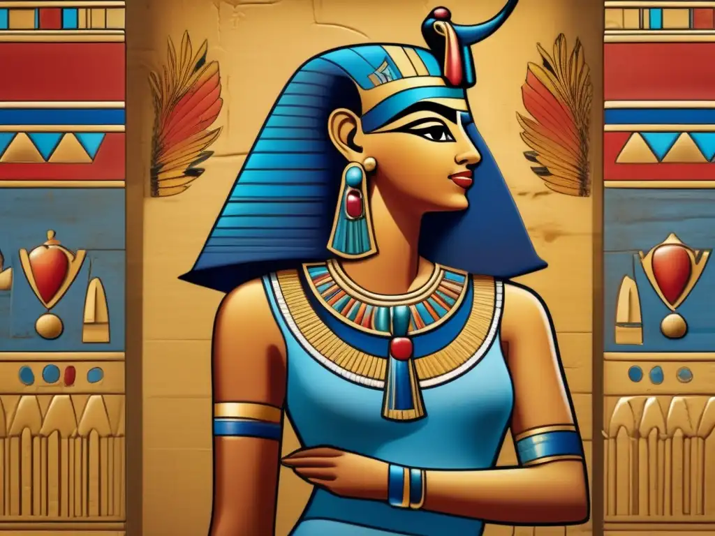 Una mural egipcio antiguo en 8k muestra a la reina Cleopatra con un elaborado tocado y una túnica fluida