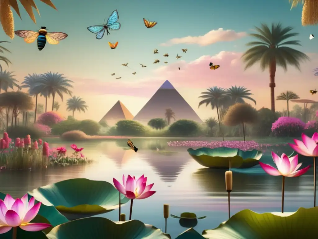 Un mural egipcio vibrante y detallado en 8k muestra un estanque de lotos rodeado de plantas de papiro exuberantes