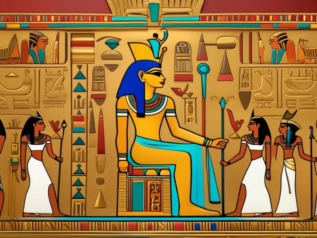 Una mural egipcio vintage muestra al faraón como líder supremo en un trono dorado rodeado de símbolos de jerarquía en la civilización egipcia