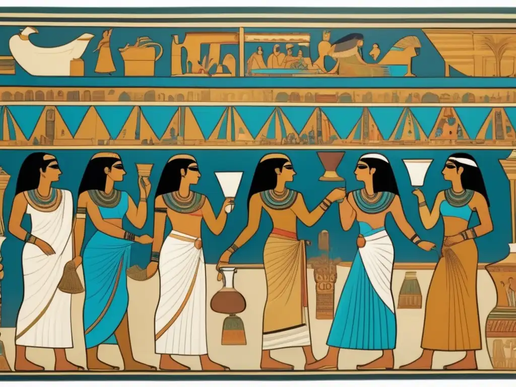 Mural egipcio vintage muestra papel de la mujer en el Antiguo Egipto