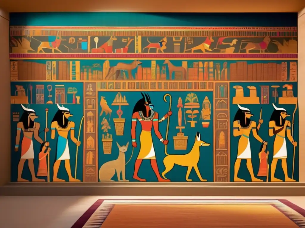 Interpretación de mural del Libro de los Muertos: Anubis guía una alma a través del inframundo, rodeado de colores vibrantes y detalles intrincados