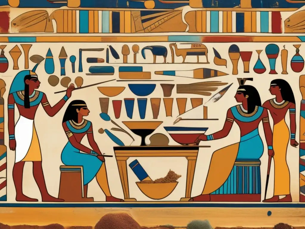 Un mural vibrante del antiguo Egipto muestra artistas mezclando y aplicando pigmentos