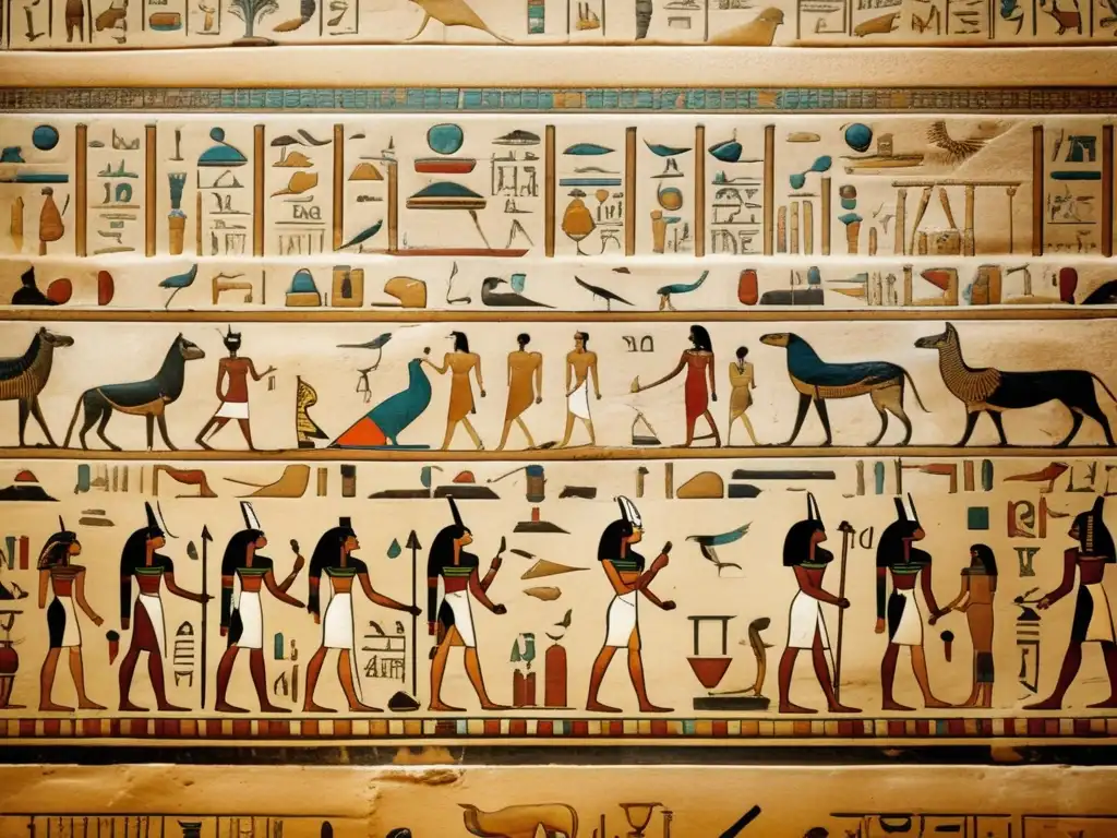 Un muro egipcio antiguo cubierto de jeroglíficos detallados que representan escenas de la vida diaria en Egipto