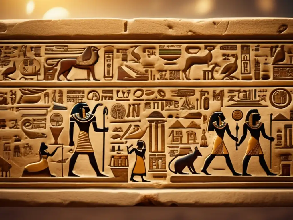 Un muro de jeroglíficos egipcios antiguos, con símbolos y carvings intrincados