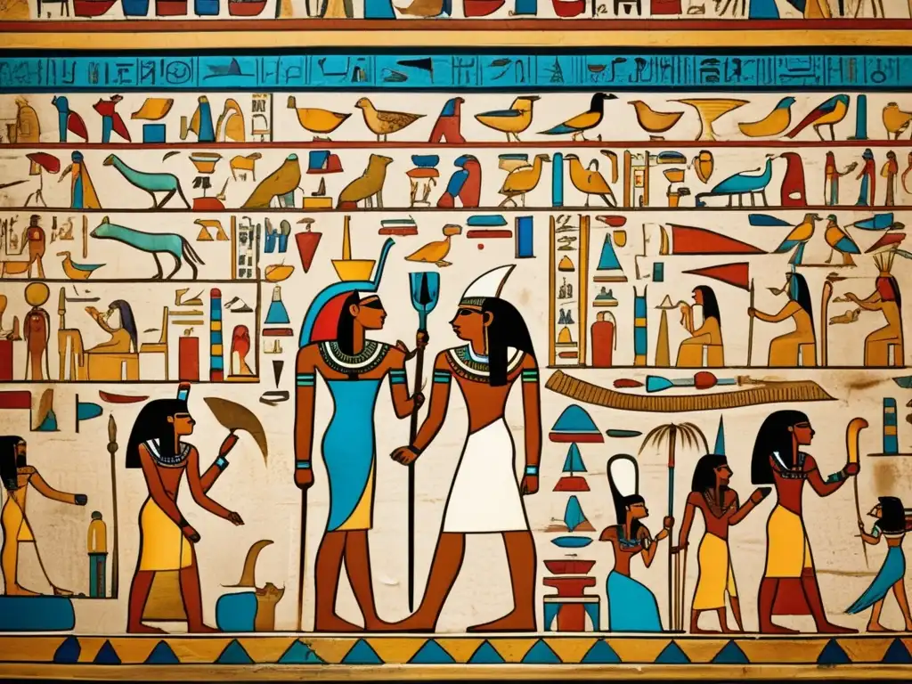 Un muro de templo egipcio cubierto de jeroglíficos, con colores vibrantes y detallados