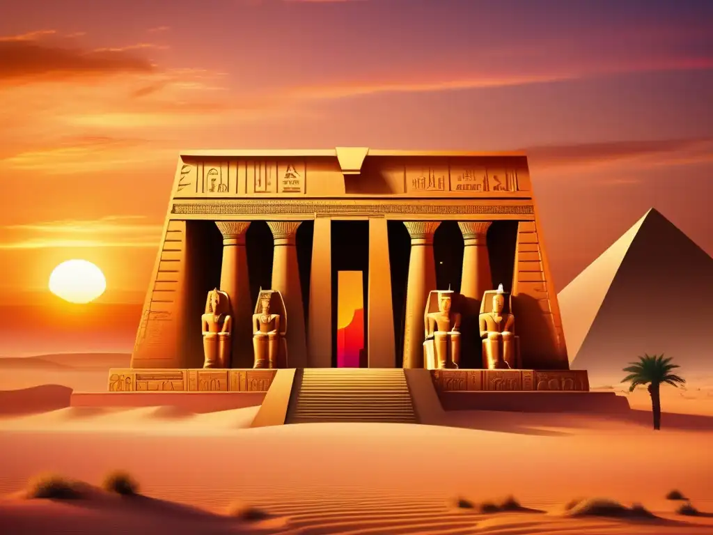 Música inspirada en Antiguo Egipto: Una impresionante imagen de un imponente templo egipcio surge del paisaje desértico arenoso