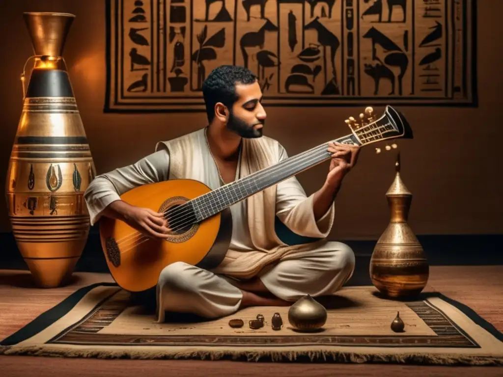 Un músico egipcio toca el Oud en una habitación llena de historia y misterio