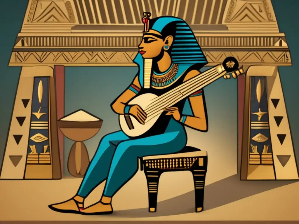 Un músico egipcio toca una hermosa arpa de madera con hieroglíficos, en un palacio opulento