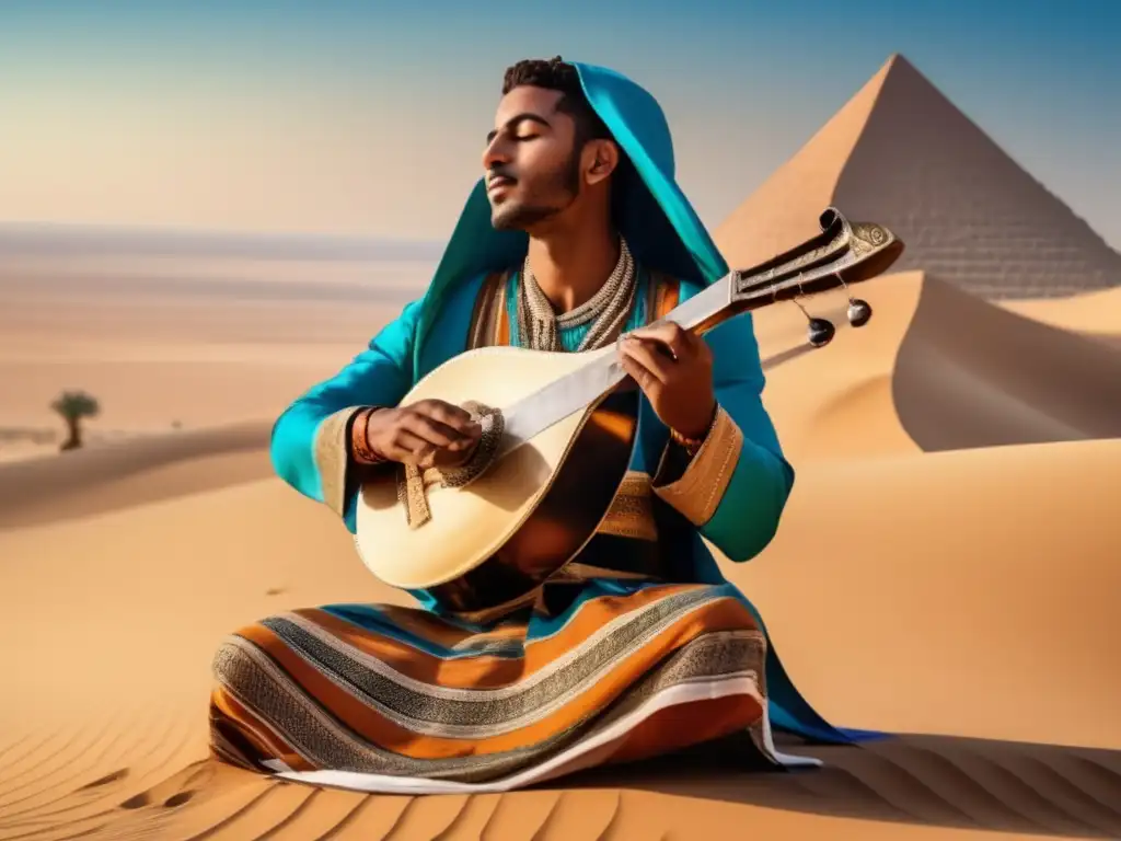 Un músico egipcio toca un instrumento tradicional en un paisaje desértico, evocando las escalas musicales egipcias contemporáneas