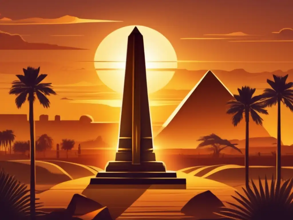 Narradores de historia egipcia, estelas de época, obelisco antiguo de Egipto iluminado por un cálido atardecer dorado