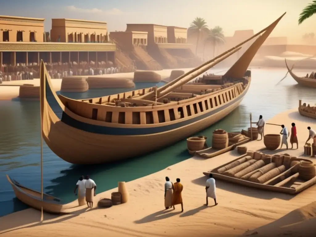Construcción naval en el Antiguo Egipto: Un astillero a orillas del Nilo, donde hábiles artesanos construyen majestuosas embarcaciones de madera