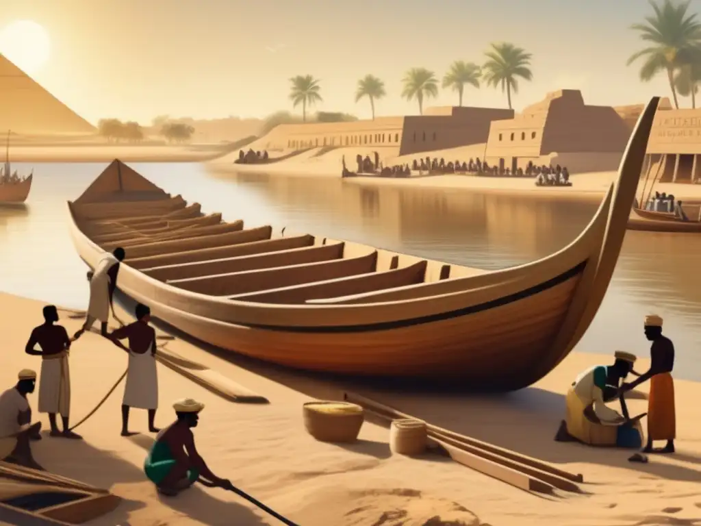 Construcción naval en el Antiguo Egipto: Hábiles artesanos dan forma a la embarcación en las orillas del Nilo, bajo el sol ardiente