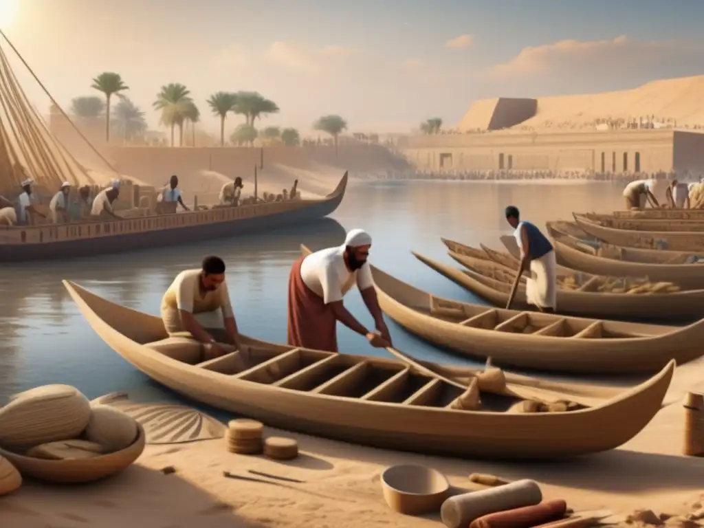 Construcción naval en el Antiguo Egipto: Imagen detallada de artesanos egipcios construyendo un majestuoso barco a lo largo del río Nilo