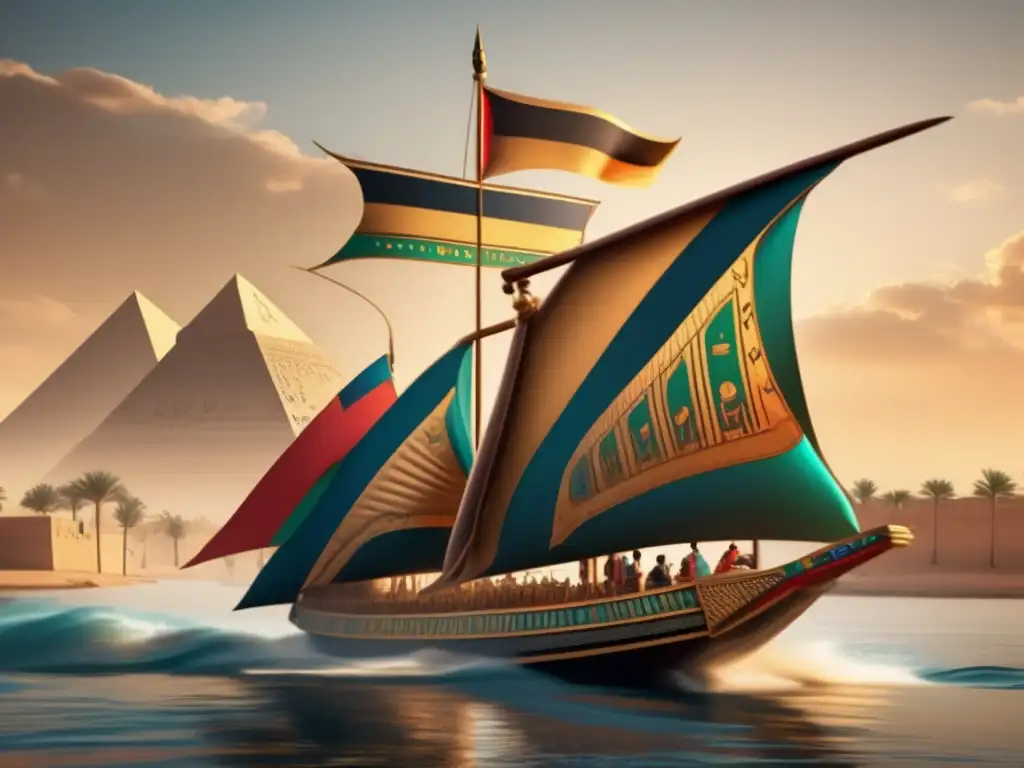 Una nave de guerra egipcia vintage navega por el Nilo, decorada con jeroglíficos y colores vibrantes