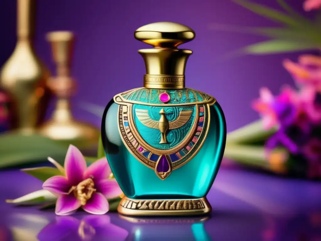 Nefertum, señor de perfumes, en una imagen vintage con botella egipcia antigua de vidrio turquesa, adornada con jeroglíficos
