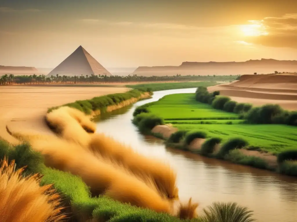 El Nilo fluye majestuosamente a través del fértil paisaje egipcio, donde los campos dorados de trigo ondean al viento