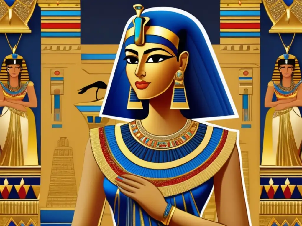 Una noble egipcia antigua con un deslumbrante atuendo de tejidos y bordados en Egipto, frente a jeroglíficos dorados