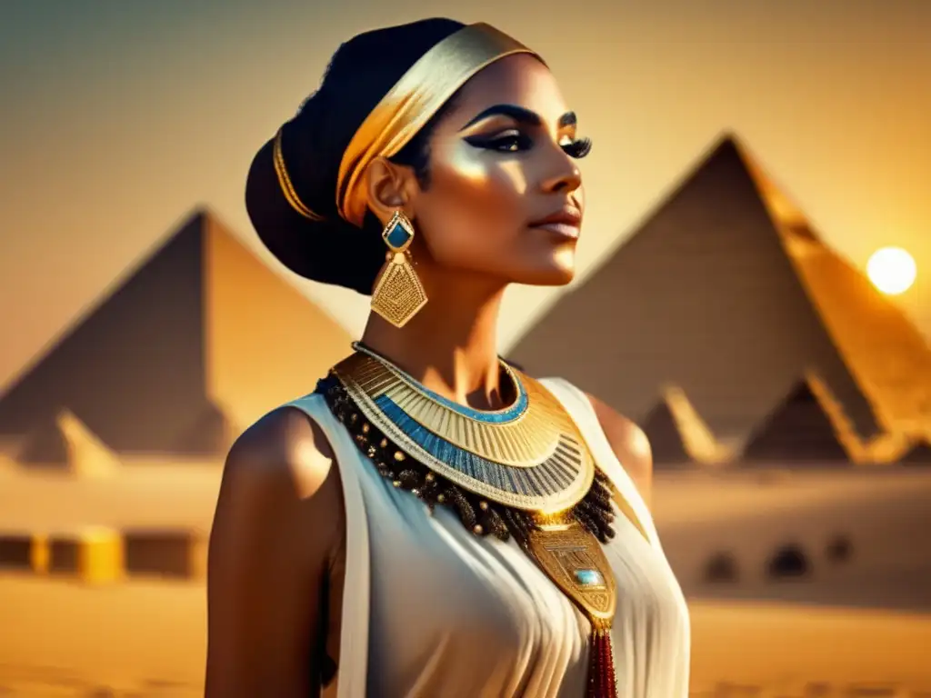 Una noble egipcia vestida en lujosa ropa de lino, frente a las majestuosas pirámides