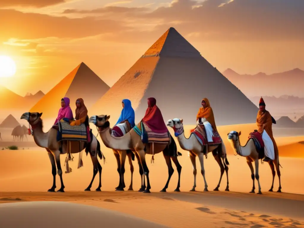 Nómadas asiáticos en Egipto antiguo: Caravana de colores frente a las majestuosas pirámides, en una era misteriosa y cautivadora