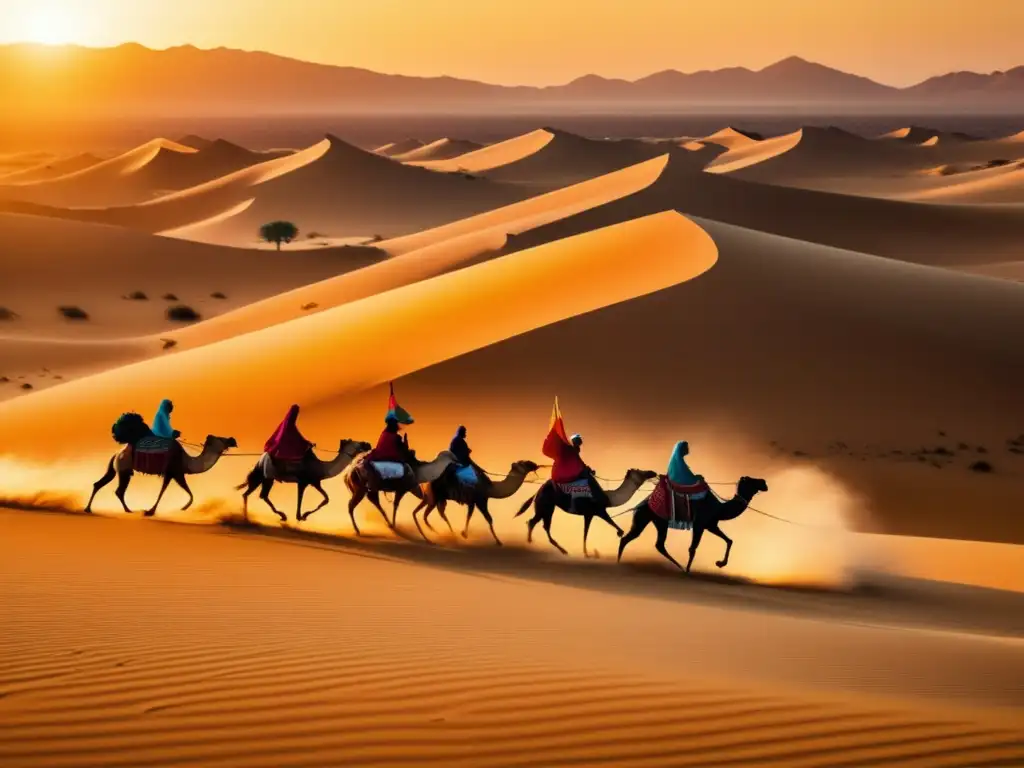 Nómadas asiáticos en Egipto antiguo: una caravana de tribus atraviesa un vasto desierto, rodeada de dunas y bañada por el cálido atardecer