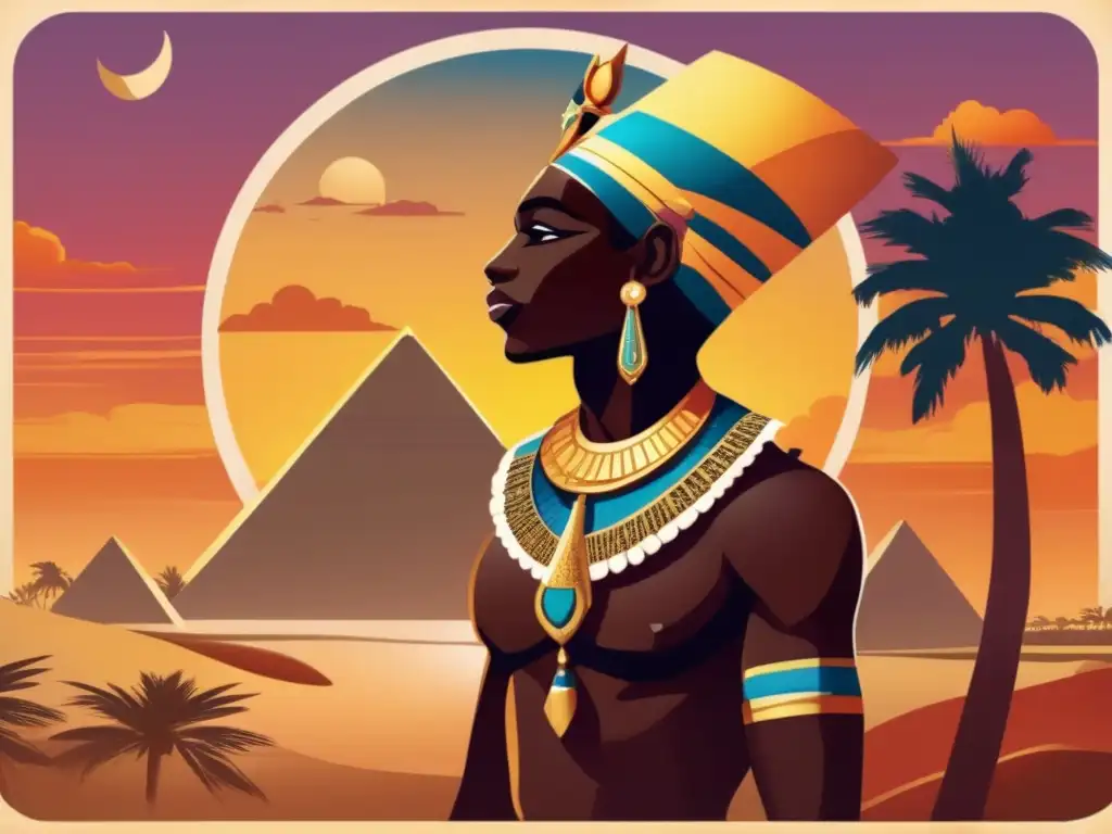 El faraón nubio de la XXV Dinastía de Egipto, Piye, se representa en una imagen detallada y vintage