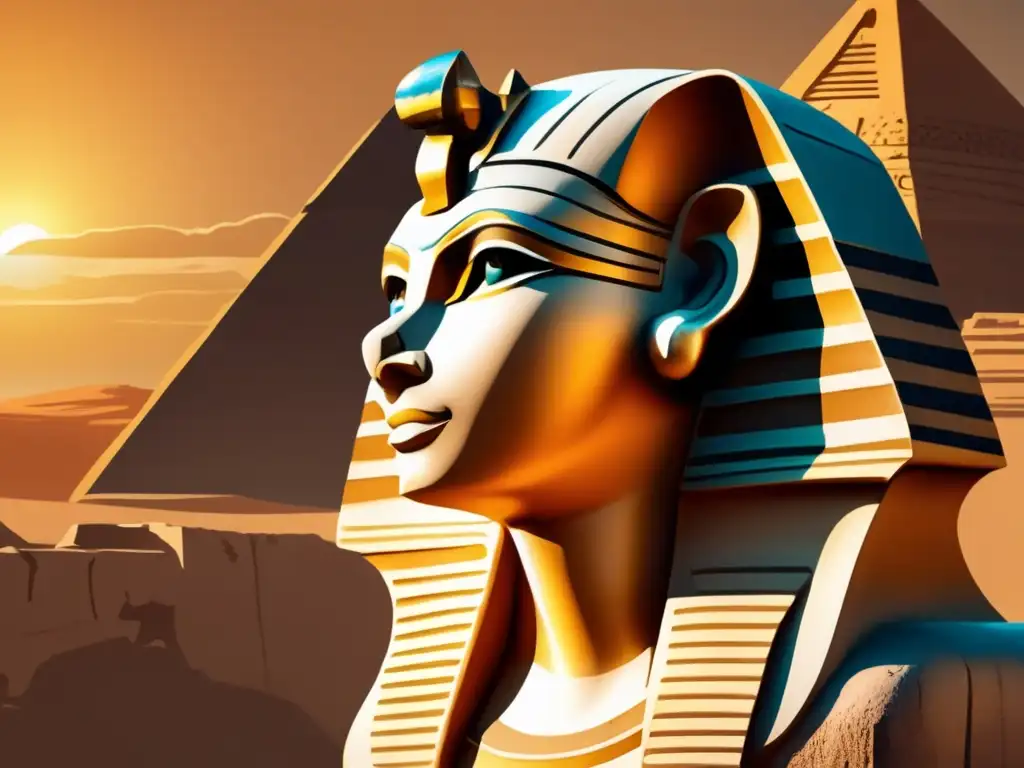 Nueva evidencia de construcción de esfinges en Egipto: una imagen vintage de una esfinge tallada con detalle, iluminada por el cálido resplandor del atardecer sobre antiguas ruinas