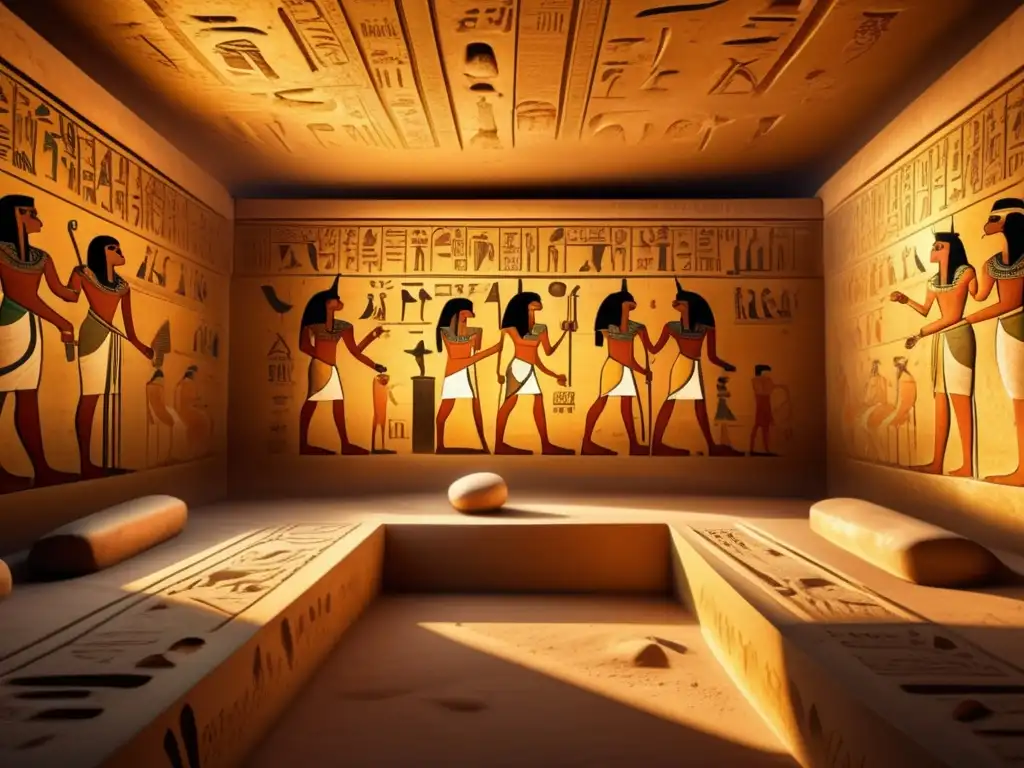 Nuevas maldiciones faraónicas descubiertas en una antigua tumba egipcia bañada en luz dorada y sombras misteriosas