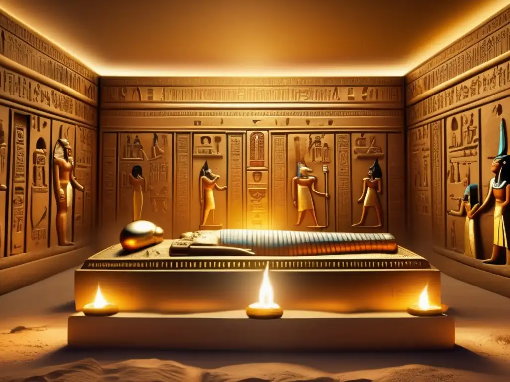 Descubre las nuevas maldiciones faraónicas en esta imagen de una tumba egipcia antigua, llena de jeroglíficos y tesoros dorados