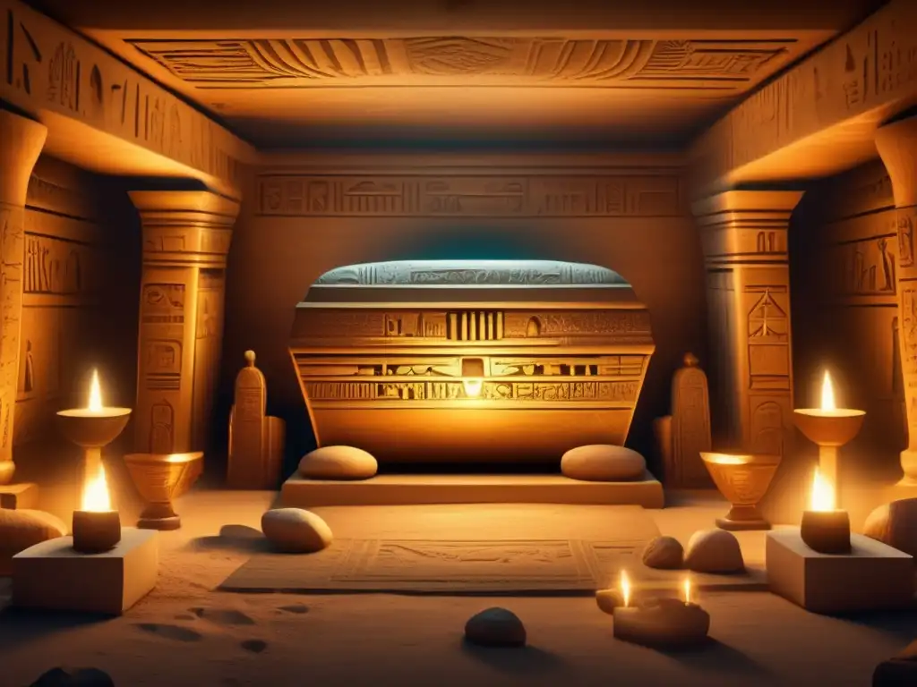 Descubre las nuevas maldiciones faraónicas en una tumba egipcia antigua, llena de artefactos y jeroglíficos en las paredes