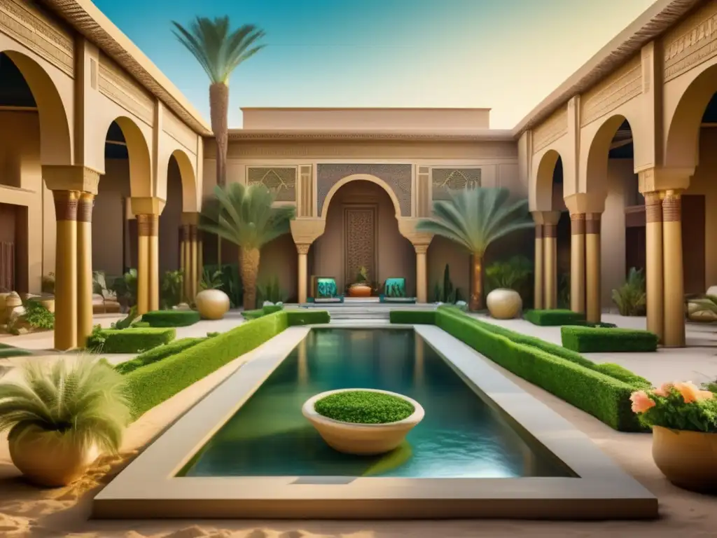 Un oasis exuberante en un palacio egipcio evoca la vida palaciega: jardines exóticos, una fuente cristalina y detalles arquitectónicos opulentos