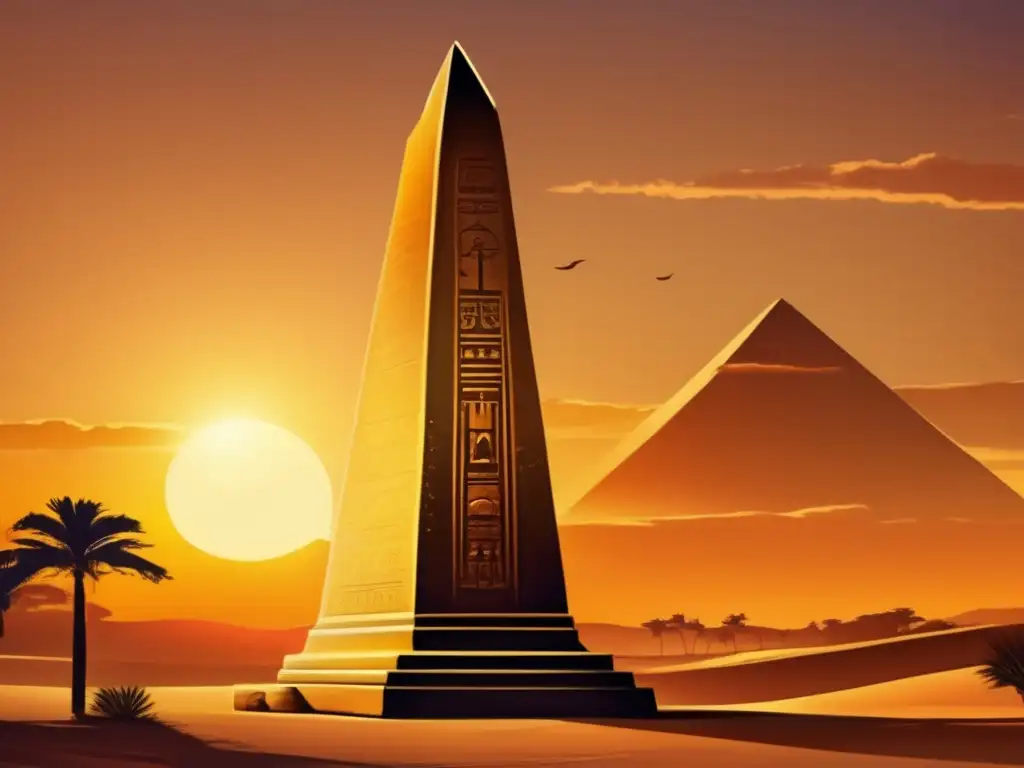 Un obelisco antiguo y misterioso se yergue orgulloso en un atardecer dorado, revelando sus jeroglíficos y evocando su significado y propósito