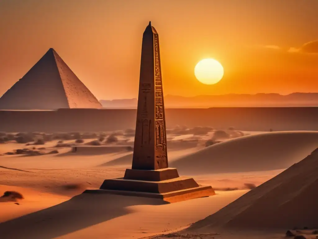Un obelisco egipcio antiguo se alza majestuoso contra un atardecer pintoresco