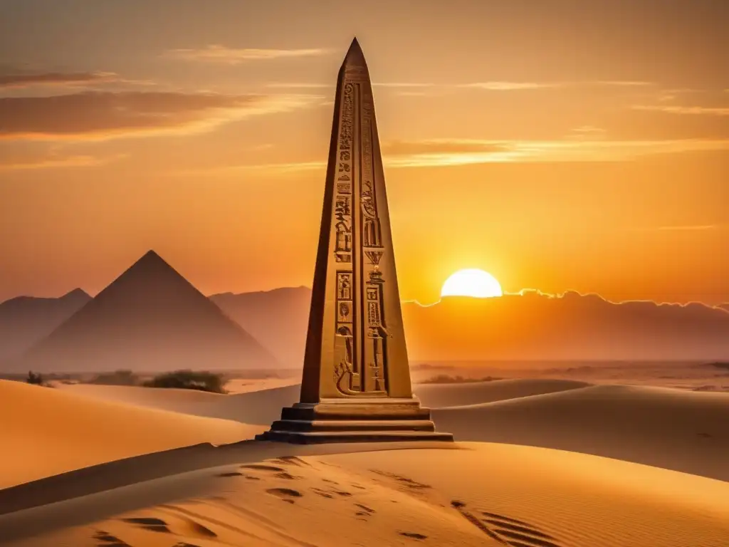 Un obelisco egipcio vintage destaca contra un cielo dorado al atardecer, con jeroglíficos y símbolos astronómicos