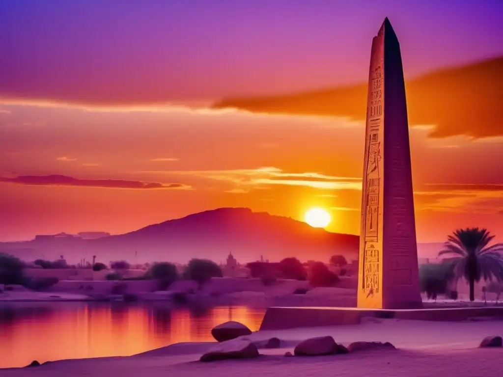 Obelisco inacabado en Asuán, Egipto, resplandece bajo un atardecer vibrante