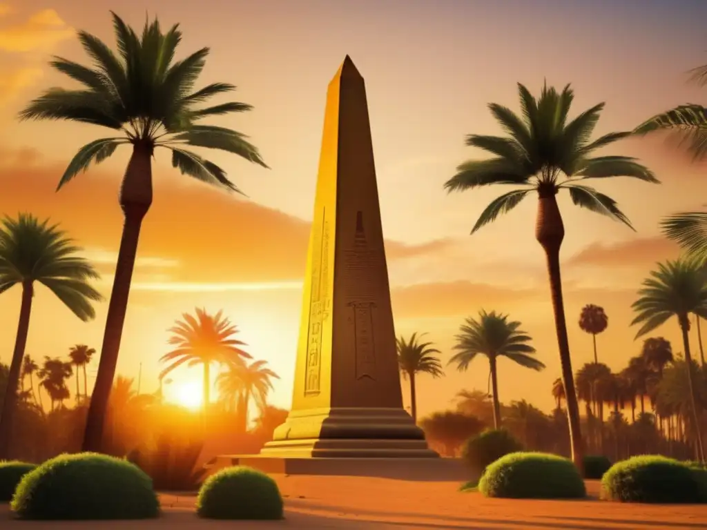 Un obelisco majestuoso de la antigua historia egipcia se alza contra un cielo dorado al atardecer